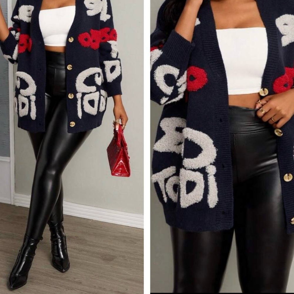 Navy Blue Graphic Cardigan Sweater 2XL